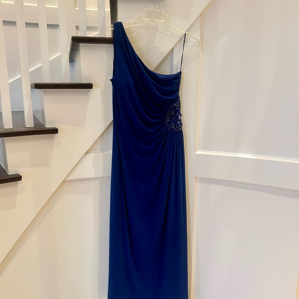 JS Boutique Midnight Blue One-Shoulder Evening Gown